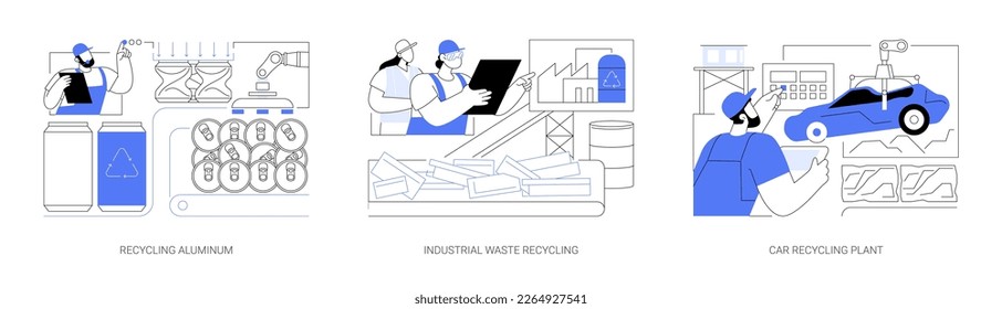 Metal recycling abstract concept vector illustration set. Recycling aluminum dump, industrial waste reuse, car recycling plant, metal rubbish processing, waste management abstract metaphor.