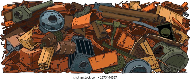 Metal recycling background. Scrap Metal. Cartoon Illustration