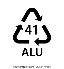 metal recycling code ALU 41, aluminium, soft drink cans, deodorant cans, disposable food containers, aluminium foil symbol, ecology recycling sign, identification code, package waste black fill icon