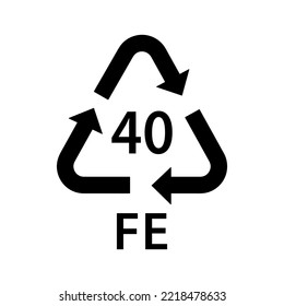 metal recycling code FE 40, steel, food cans symbol, ecology recycling sign, identification code, package waste black fill icon