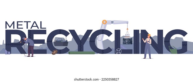 Metal recycling composition with editable text surrounded by dumping site images with machinery and human workers vector illustration