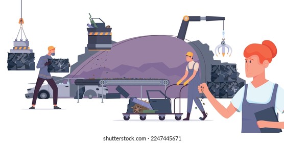 Metal recycling flat composition with isolated view of dumping site with workers and electric dump appliances vector illustration