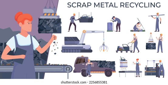 Metal recycling flat composition with text female character of worker and set of isolated dumping icons vector illustration