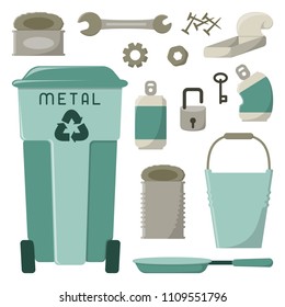 Metal recycling icons set with garbage and dumpster. Flat style vector illustration. EPS10