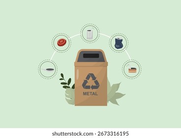 Processo de reciclagem de metais. Lixeira de metal. Diferentes tipos de resíduos metálicos. Conceito de resíduos metálicos. Gestão de resíduos. Estilo plano. Ilustração vetorial
