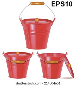 Metal red buckets isolated on white. Vector illustration