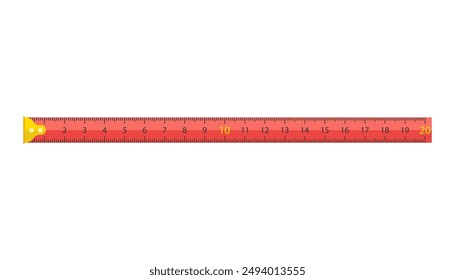 Metal red construction measuring tape. Ruler measuring tool, 20 centimeter scale.