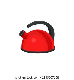 Metal red kettle with black plastic handle. Kitchen utensil. Flat vector element for promo poster or banner of household store