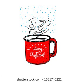 Metal red mug with steam. Merry Christmas lettering with heart.