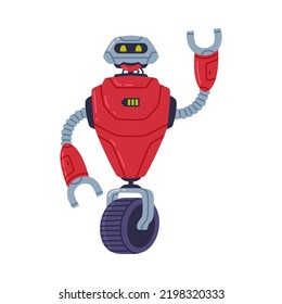 Metal Red Robot Machine with Limbs and Wheel for Labor Automation Vector Illustration