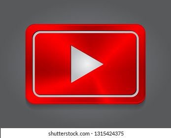 Metal red video play Icon. Vector card button player with metal texture 