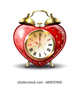 Metal retro style alarm clock in strawberry form on white background. Vector illustration.