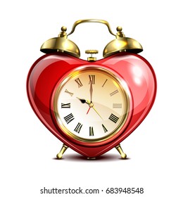 Metal retro style alarm clock in heart form on white background. Vector illustration.