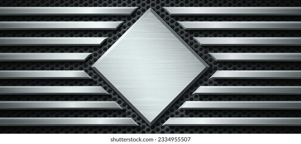 Metal rhombus plate with metal stripes on the dark perforated background. Industrial vector illustration.