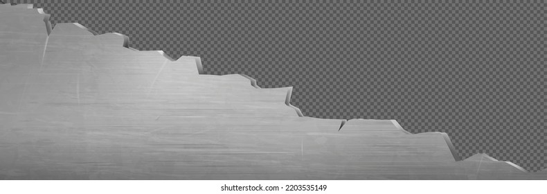 Metal rip border with ragged edges, diagonal steel sheet with scratches on shiny surface and notches. Broken plate element isolated on transparent background Realistic 3d vector illustration, clip art