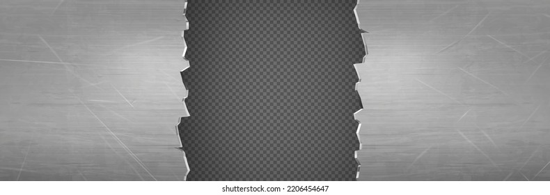 Metal rip hole, horizontal background, frame with ragged edges. Isolated industrial border, crack, cut damage on steel sheet, wall or plate, design element Realistic 3d vector illustration, clip art