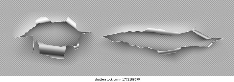 Metal Rip Holes With Curly Edges, Ragged Cracks, Cut Damage On Steel Sheet. Torn Slash, Gun Aperture Design Element Isolated On Transparent Background Realistic 3d Vector Illustration, Clip Art