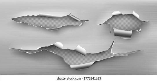 Metal Rip Holes With Curly Edges, Ragged Cracks, Cut Damage On Steel Sheet. Torn Slash, Gun Aperture Design Element Isolated On Transparent Background Realistic 3d Vector Illustration, Clip Art