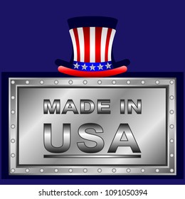 metal riveted plate with the inscription "made in USA", hat with the image of the American flag. Vector Illustration