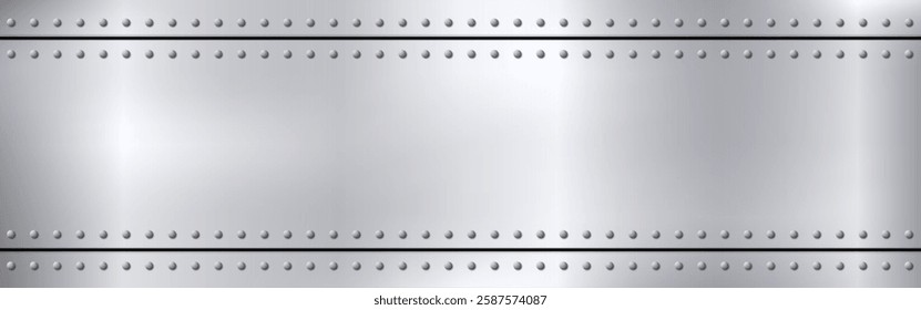 Metal rivets background. Brushed steel template. Industrial texture with light effect. Bright scratched alloy. Polished metal frame. Wide metallic backdrop. Vector illustration.