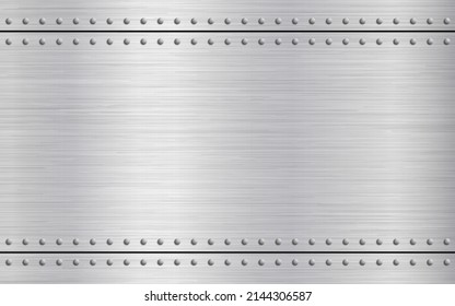 Metal rivets background. Polished steel with scratches. Bright metallic texture with light effect. Silver industrial wallpaper. Metal sheet template. Vector illustration.