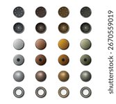 Metal Rivets and Eyelets Vector Set. Realistic Sewing Rivet Illustration. Fashion Eyelet Icon, Clothing Hardware Design Templates. Metallic Rivets Clipart, Garment Accessories Collection, Sewing Tools
