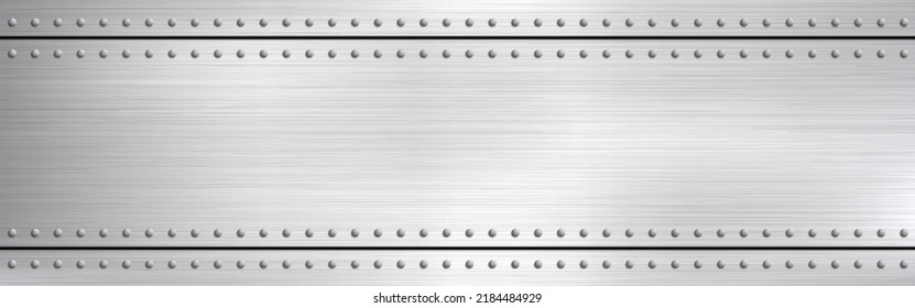 Metal rivets wide texture. Polished steel with light effect. Scratched metallic background. Metal alloy frame. Bright industrial template. Vector illustration. svg