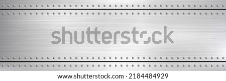 Metal rivets wide texture. Polished steel with light effect. Scratched metallic background. Metal alloy frame. Bright industrial template. Vector illustration.