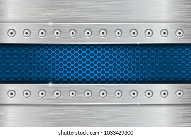 Metal rivetted background with blue perforated. Vector illustration.