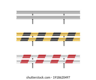 Metal road barriers set. Red, black, yellow and white traffic safety equipment. Metallic guarding rails isolated on white background. Roadside obstacles, 3d roadblocks. Vector illustration