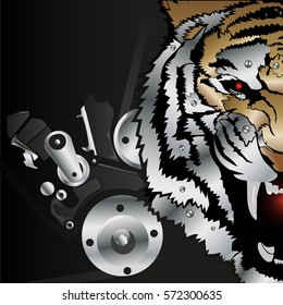 Metal roaring tiger . engine . abstract.black background.