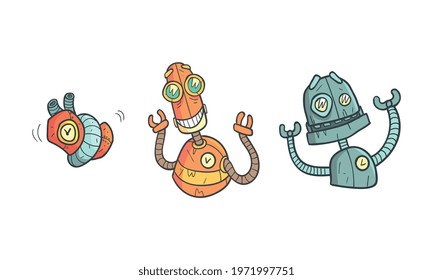 Metal Robot with Different Emotions as Cartoon Mechanical Android in Outline Style Vector Set