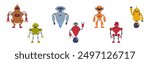 Metal Robot Machine with Limbs for Labor Automation Vector Set