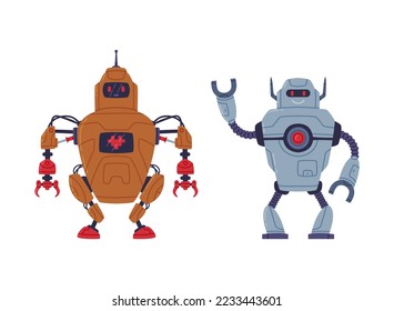 Metal Robot Machine with Limbs for Labor Automation Vector Set