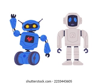 Metal Robot Machine with Limbs for Labor Automation Vector Set