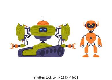 Metal Robot Machine with Limbs for Labor Automation Vector Set
