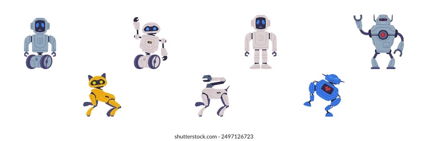 Metal Robot Machine with Limbs for Labor Automation Vector Set
