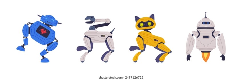 Metal Robot Machine with Limbs for Labor Automation Vector Set