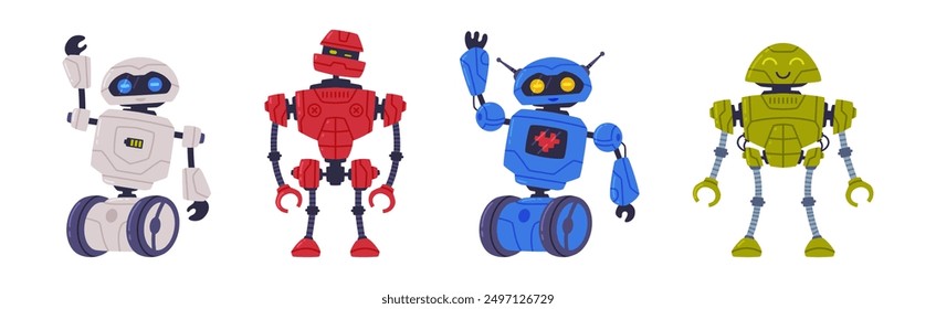 Metal Robot Machine with Limbs for Labor Automation Vector Set