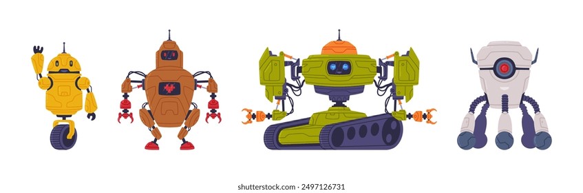 Metal Robot Machine with Limbs for Labor Automation Vector Set