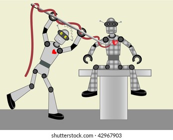 Metal Robot Sewing Fabric Robot together Vector Illustration