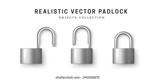 Metal robust secure padlock. Set of realistic padlocks in different states - open, closed. Isolated object. Padlock icon. Secret information concept. Safety background. Vector 3d illustration