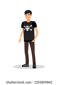 Metal, Rock Music Fan Boy Flat Color Illustration. Teenager in T shirt with Skull and Bones Cartoon Character. Rock Concert, Show Isolated Design Element. Smiling Caucasian Guy in Casual Clothes