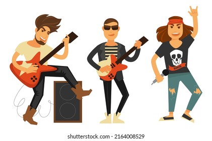 Metal, rock n roll or punk musicians performing onstage, concert or festival of popular band. People with guitar and bass, singer showing horn sign with hands gesturing. Vector in flat style