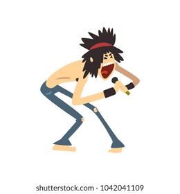 Metal Or Rock Singer With Crazy Hair Singing Into Microphone. Cartoon Character Of Guy In Ripped Skinny Jeans. Young Vocalist Performing On Stage. Flat Vector Design