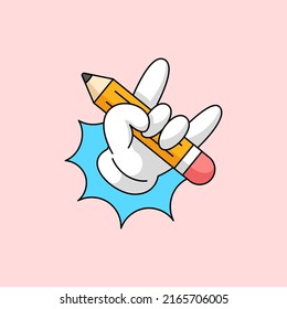 Metal Rocker Horn Hand Gesture Holding Pencil For Creative Person Emblem Logo. Old School Retro Cartoon Style Vector Illustration