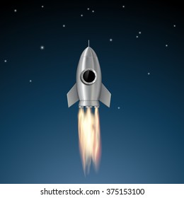 Metal rocket soars into the sky. Stock vector illustration.