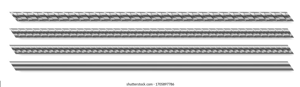 Metal rod, steel reinforced rebar. Vector realistic set of construction armature, smooth and deformed iron bars for buiding, cage, rack or prison grate. Stainless fittings isolated on white background - Shutterstock ID 1705897786