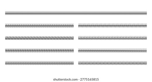 Metal rods with complex thread details and surface variations. Vector mechanical objects with structured texture. Industrial and engineering design, construction material and technical presentation