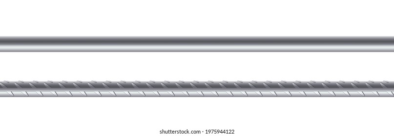Metal rods set on white background, steel reinforced rebar. Construction armature, stainless metallic bars for buiding, cage, rack or grate. Realistic vector illustration